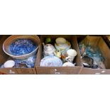 A small wall mirror, glass bottles, plate ware together with two boxes of china including Honiton