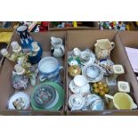 Two boxes of miscellaneous china including a pair of Royal Doulton candlesticks, Doulton ware, Harry