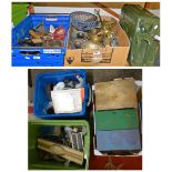 A Jerry can, a box of miscellaneous brass and other metalware, a further box of oil cans, flat irons