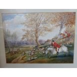 In the style of Henry Alken, huntsman riding to hounds, unsigned watercolour, 32 x 44cm, gilt frame,