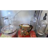 Two soda siphons, a Royal Doulton jug and a silver rimmed cut glass bowl and jug (5)