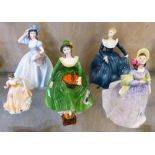 Five figurines, Royal Doulton Clare HN 2793, Fragrance HN 2334, Coalport figures Helen, Christina