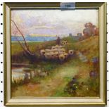 In the style of Charles "Sheep" Jones sheep being herded oil on board, 23cm x 23cm, gilt frame
