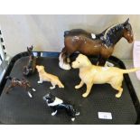 Six Beswick animal figures, a Shire horse, Labrador, Retriever, Collie and two foals