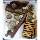 Victorian sovereign scales, various inkwells, candle snuffers, rubber stamps, desk blotter etc.