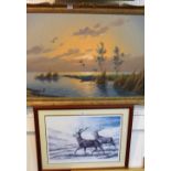 Robert fuller limited edition print of red deer "A Royal Flush" together with an oil painting on