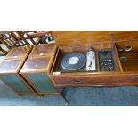 A Dynatron Goldring radiogram in cross-banded walnut cabinet, 98cm long, with a set of four matching