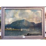 A landscape oil with yachts in the foreground, signed Ricarbo?, in a painted grey frame