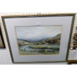 Landscape watercolour with fisherman in the foreground, signed Jackson Simpson