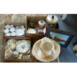 A box of Royal Crown Derby teaware pattern, a box of Mason ware, a jug and bowl set, painted tray,