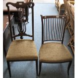 An Edwardian inlaid mahogany lath-back salon chair and another Edwardian inlaid mahogany single