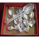 Two George III silver table spoons and other silver flatware, 14 oz