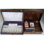 An oak cased plated fish eating service together with a hardwood box with brass inlay (2)