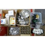 Catering equipment including stainless steel cutlery, glasses, a set of Le Creuset saucepans,