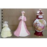 Two Coalport figurines together with a Limoges vase with cover (3)
