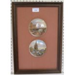Two Victorian pot lids in a frame - "Holborn Viaduct" and "Albert Memorial"