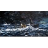 An oil painting, "Kingston Peridot" in heavy seas, Larry Malkin