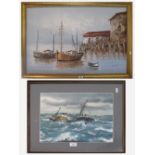 T W King watercolour of a trawler together with an oil painting of ships at mooring by W James, gilt