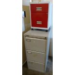 A three drawer metal filing cabinet with key together with a twin drawer filing trolley (2)