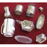 A Victorian silver christening mug, London 1899, four silver condiments and other silver, 7 oz