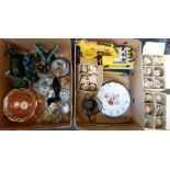 Boxes of glasses together with a Tonka toy, a box of ceramics including Blue Mountain pottery,