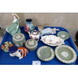 A tray of china including Wedgwood, Masons, a Royal Doulton bulldog figure, Moorcroft vase, Coalport