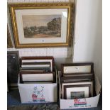 A selection of prints, watercolour, oil painting and woolwork