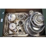 A four piece electroplated tea service and other plated wares