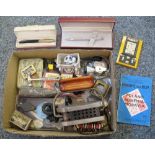 Miscellaneous collector's items including pens, gramophone needle tin, pre-decimal coins, swivel