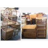 Five pieces of cane conservatory furniture comprising tall arched top shelf unit, 174cm high, pair