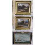 An unsigned oil painting of galleons together with a pair of gilt framed oil paintings of river