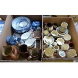 A box of West Country motto ware together with a further box of blue and white Delft, Minton, relief