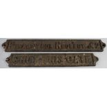 Two cast-iron railway signs - "Penalty for Neglect £2" 53cm long and "Shut This Gate" 43cm long (