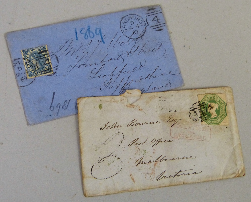 GB to Australia postal history interest. An envelope with one shilling 1847 embossed on cover,