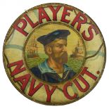 A Players Navy Cut "Hero" pictorial tin advertising sign, of circular form with a portrait of the