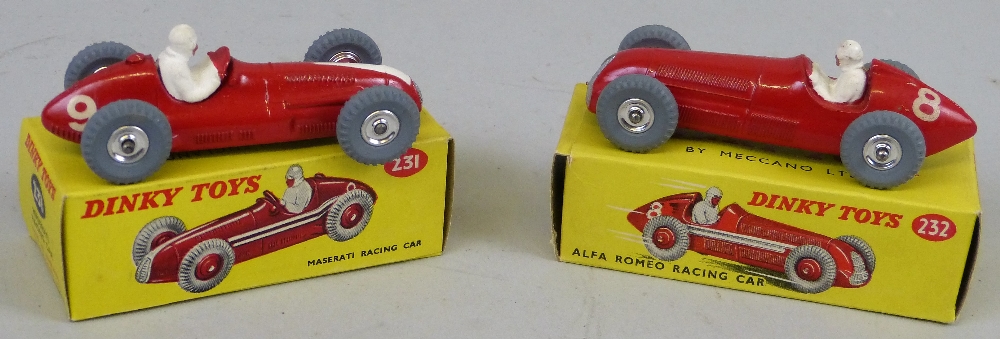 Dinky - Maserati Racing Car, No.231 and Alfa Romeo Racing Car, No.232, both in post production boxes