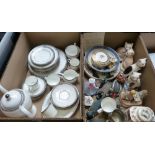 A Wedgwood tea/ dinner service together with a box of various ceramics, model cats, tea caddy,