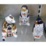 Royal Crown Derby paperweights, bear, penguin and duck billed platypus, all gold stoppers (3)