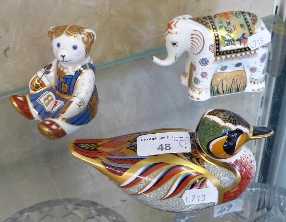 Royal Crown Derby paperweights of seated Teddy bear, elephant and duck, all with gold stoppers (3)