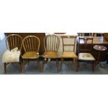 A set of three Victorian ash and elm stick back kitchen chairs, an Edwardian inlaid mahogany