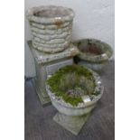 A concrete planter on plinth together with a pair of garden urns (4)