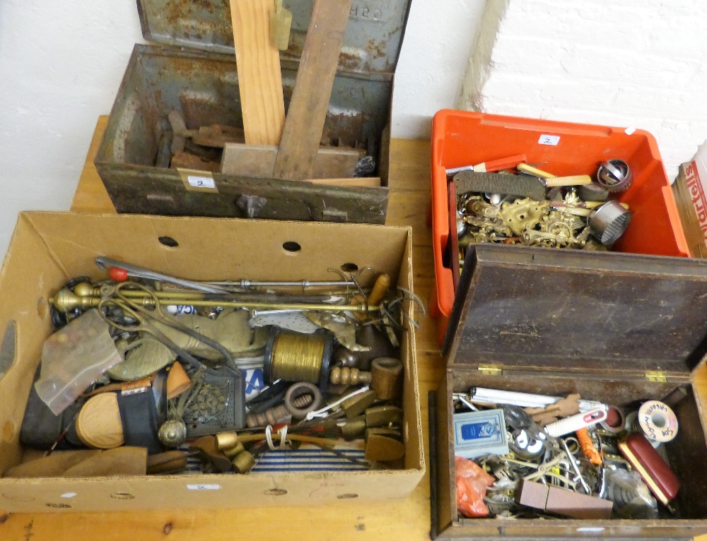 Two boxes of metalware etc. together with a metal toolbox with contents and a further box of - Image 2 of 2