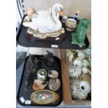 Two trays of various figures including onyx and aluminum and stone ash trays, spelter horse figures,