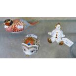 Royal Crown Derby paperweights of pheasant, hedgehog and clown two lacking stoppers, one with gold