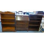 A sapele mahogany bureau, 76cm wide, a reproduction waterfall bookcase, 75cm wide, together with a