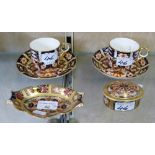 Royal Crown Derby, two cups and saucers, trinket box and small dish (4)