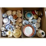 Two boxes of assorted china including Delft, Lustre ware, Blue and White, Doulton Bunnykins etc. (