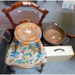 A Victorian Rosewood Salon chair together with a painted three legged stool, a Singer manual