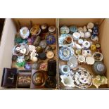 Two boxes of miscellaneous china and glass including paperweights, amethyst crystal, pillboxes,