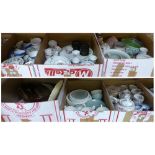 Six boxes of mixed china including Poole, Crown Staffordshire, Wedgwood, Grafton, blue and white and
